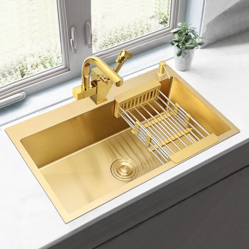 Fregadero De Cocina Dorado Sobre Encimera O Bajo Encimera De Acero  Inoxidable 304, Escurridor De Cesta Individual Dorado, Dispensador De Jabón,  Lavabo De 429,18 €