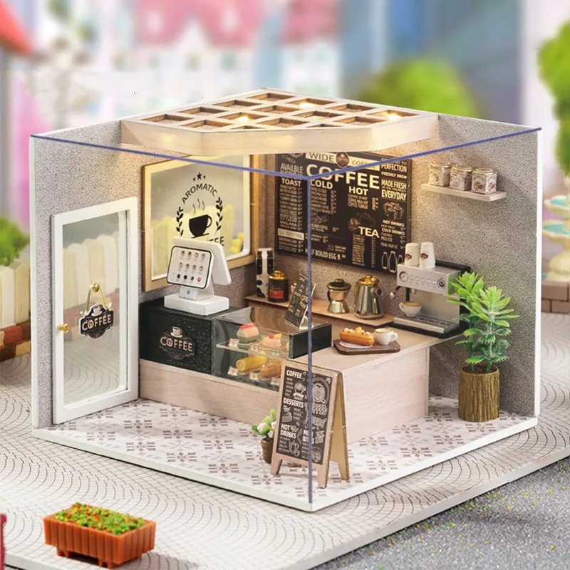 Figurine di oggetti decorativi Cutebee Kit casa delle bambole fai-da-te con mobili e caffè leggero Casa delle bambole in miniatura Giocattolo modello in legno per regali di compleanno per adulti 230807