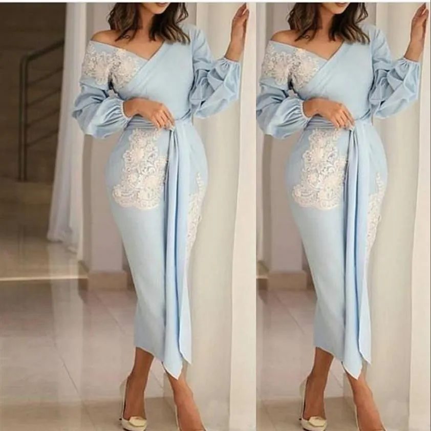 Tea Length Light Sky Blue Mother Of The Bride Dresses Off The Shoulder Evening Dresses With Long Sleeves Appliques Party Gowns Pro292g