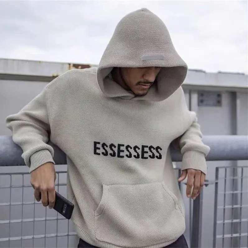 Casual Knitted Letter Hoodie Sweatshirts for Men Women Casual Loose Long Sleeve Pullover Hooded Sweater 2024