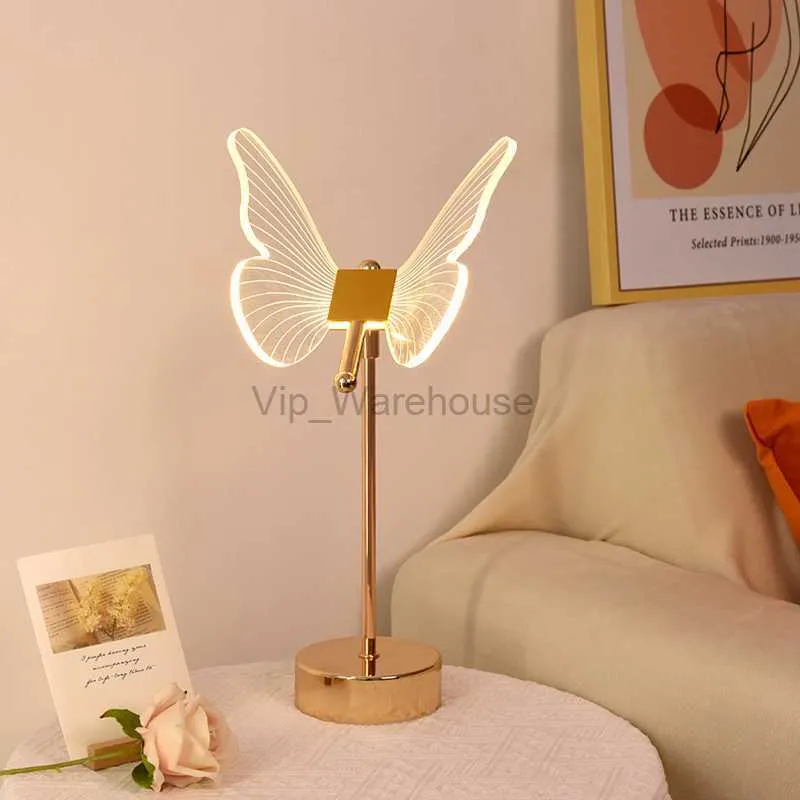 Lampe De Table Rétro Or Acrylique Papillon LED Lampe De Bureau Hôtel Villa Art Décor LED Table Lumière Salon Chevet LED Veilleuses HKD230807