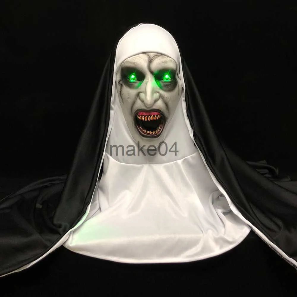 Party Masks Led Horror Nun Mask Cosplay Scary Latex Masks With Headscarf LED Light Halloween Party Pests Deluxe J230807