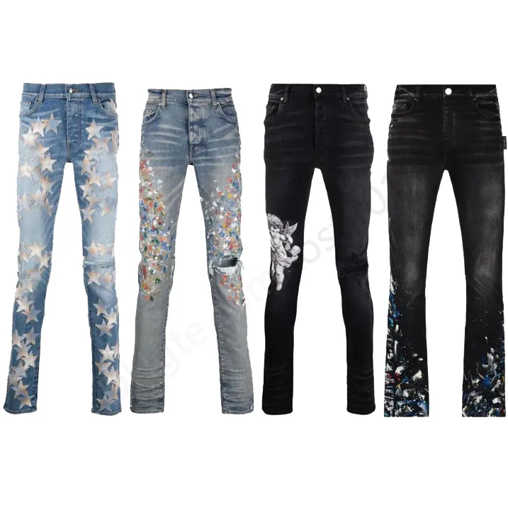 Дизайнерские фиолетовые джинсы для мужских джинсов Мужские джинсы джинсы Джинсы расстроенные рваные байкер черно -голубые мужчины тонкие карандаш am джинсы Slim Fit Motorcycle Hip Hop