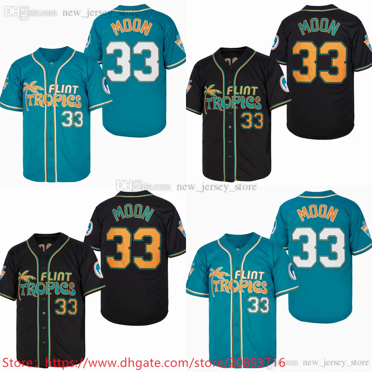 Film Flint Tropics Baseball 33 JACKIE MOON Jersey Vintage Cousu Respirant Sport Vert Noir Chemises pour homme