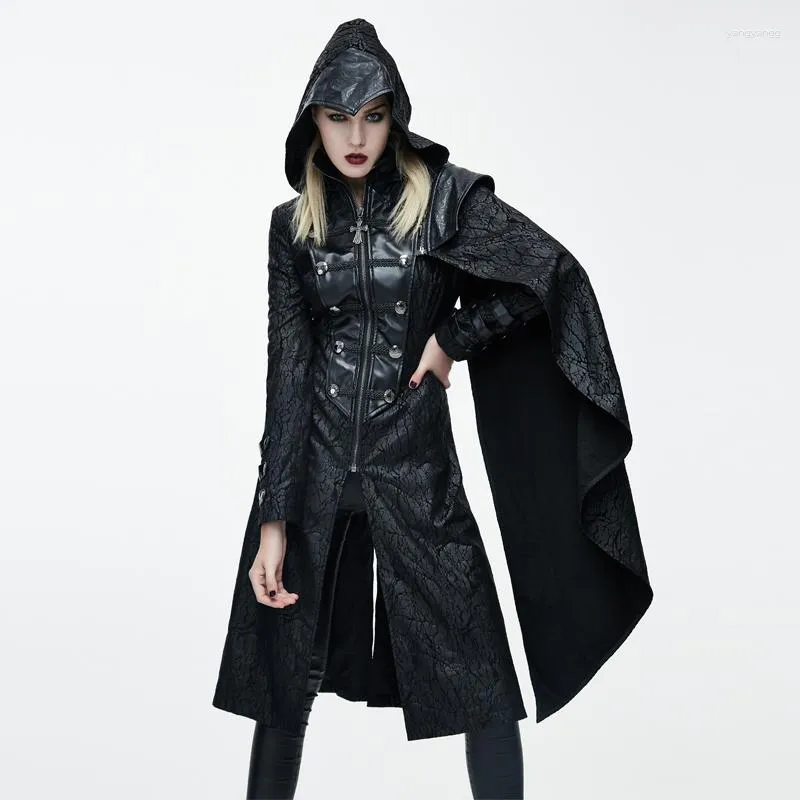 Vrouwen Lederen Duivel Mode Gothic Hooded VrouwenLange Jassen Punk Faux Knappe Jassen Met Afneembare Sjaals Zwarte Overjassen