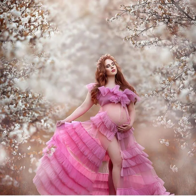 Robes de soirée Voir à travers la robe de maternité en tulle rose Volants à volants Prom Made To Order Robes sans manches pour Poshoot