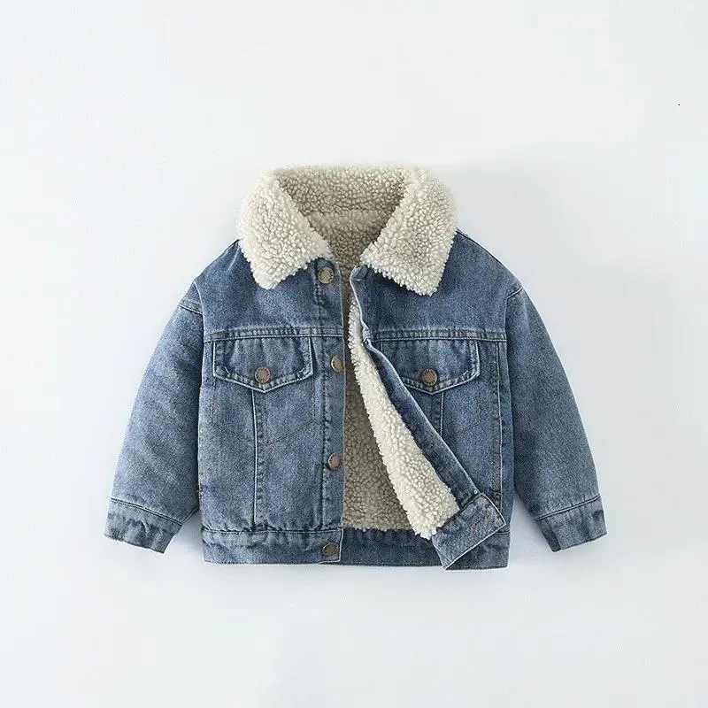 Mantel Kinder S Denim Jacke Plüsch verdickte Baby Winter Kleidung Frühling und Herbst Wagen Jungen Mädchen 230807