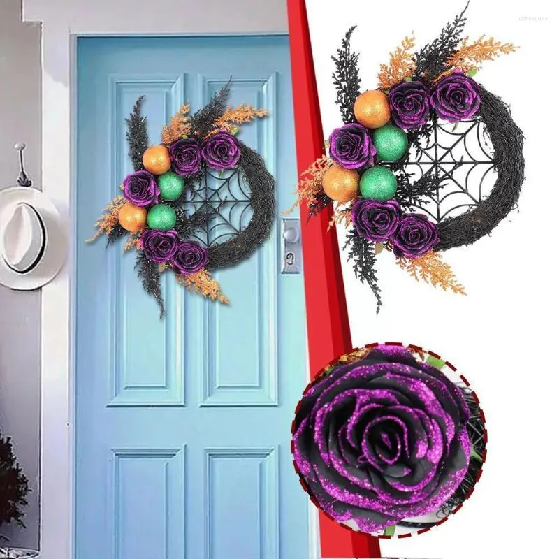 Fiori decorativi Ghirlanda di Halloween Ghirlanda floreale in rattan nero Appeso alla porta Decorazioni da parete Puntelli per feste di Pasqua Casa M2m6