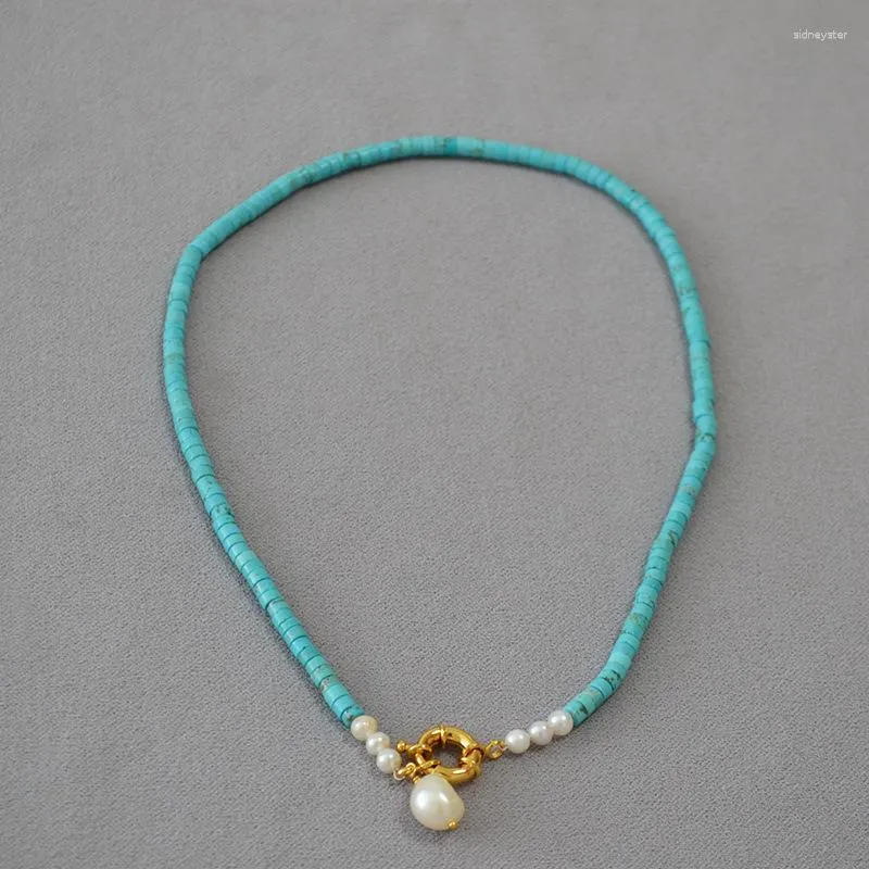 Collana girocollo con perline turchesi moda donna in pietra naturale con ciondolo perla barocca