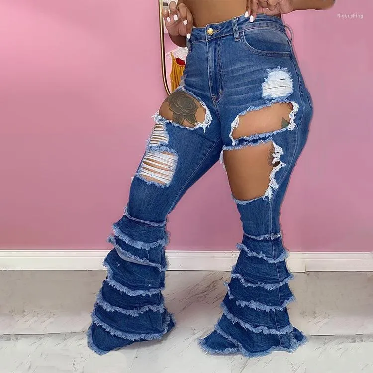 Kvinnors jeans sexiga rippade fransar ihålig ut ruffle flare denim byxor hög midja bodycon hål kvinnor byxor klubbkläder