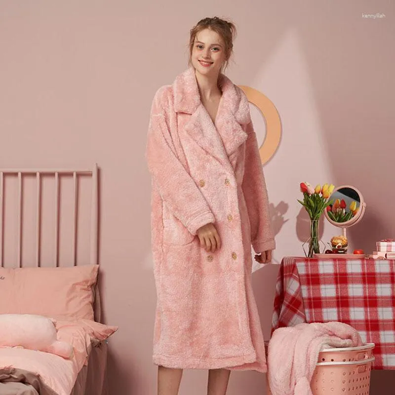 Roupa de dormir feminina inverno quente roupões de lã coral 2023 longo elegante roupão de banho rosa feminino solto roupa de casa FG253