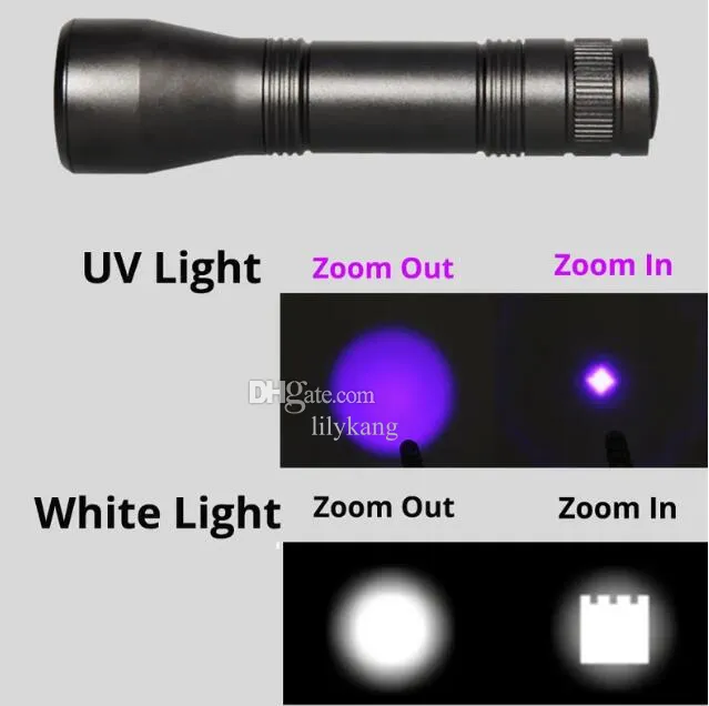 Nouvelles lampes de poche UV Torches Modes Led Uv Traviolet Torch Avec Zoom Multifonction Mini Lumière Noire Pet Urine Détecteur De Taches Scorpion Chasse Torche
