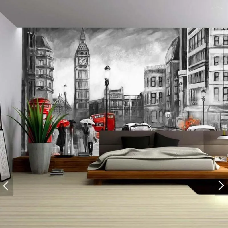 Tapety 3D Modern Vintage London Red Black Sceneria Tapeta Mural Murals Malowidło Malotonowe do sypialni HD Papier autobusowy