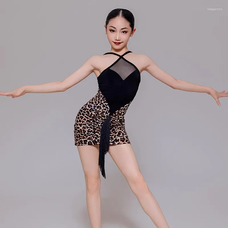 Stage Wear Latin Dance Dress For Girls Black Connecting Leopard Print Tassel Chacha Rumba Tango Children Costumes DN15765