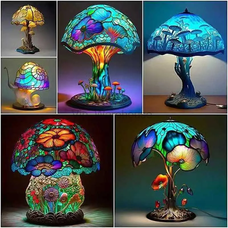 Rétro Creative Peint Verre Plante Lampe De Table Plante Colorée Lampe Décorative Chambre Chevet Fleur Champignon Atmosphère Lampe HKD230807