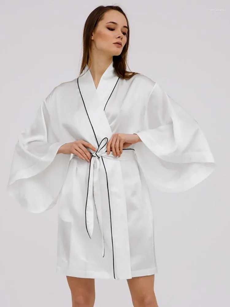 Women's Sleepwear Linad Loose Robes For Women Casual Three Quarter Sleeve V Neck Sashes White Bathrobe Female 2023 Summer Nightwear