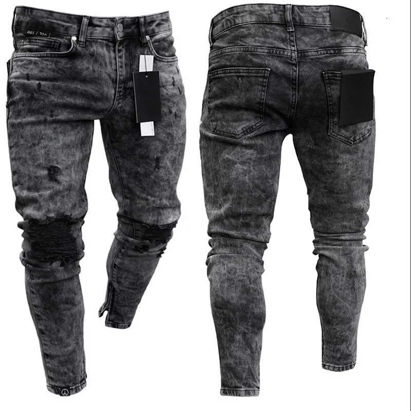 Mäns jeans Biker Jeans Herrens nödställda stretch Rippade Biker Jeans Men hip Hop Slim Fit Holes Punk Jeans Pure Color Denim Pants 230804