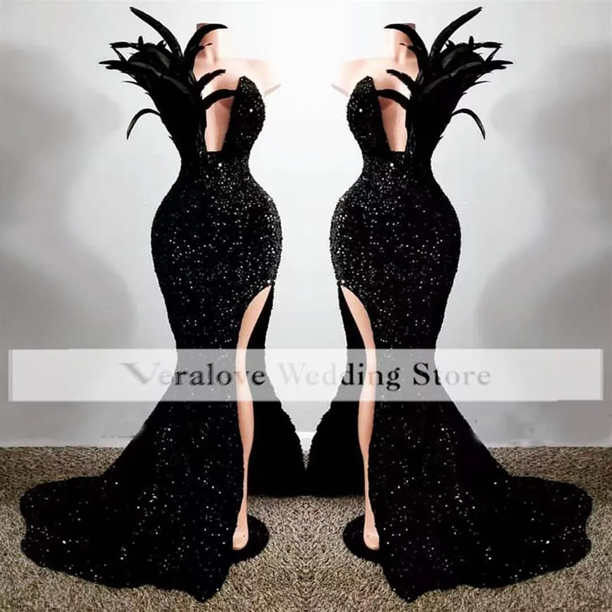 Robe de soirée élégante une épaule paillettes noires grande taille robes de bal sirène africaine pour les mariages tenue d'invité robe de soirée244Z