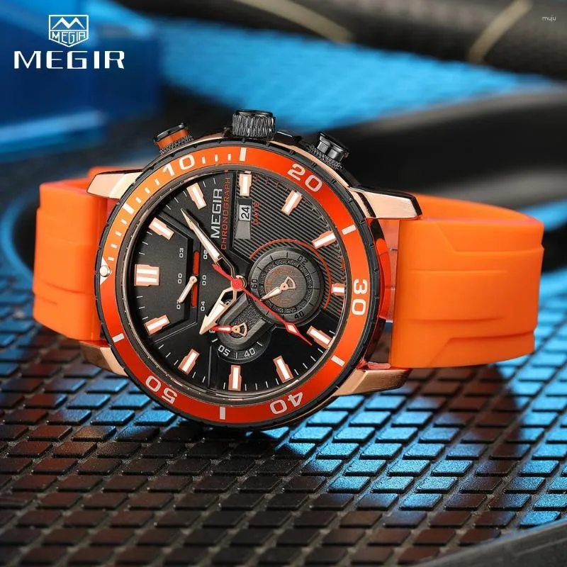 Montres-bracelets MEGIR Orange Bracelet en silicone Chronographe Montre de sport pour hommes Mode Montre-bracelet étanche avec aiguilles lumineuses Date automatique 24 heures