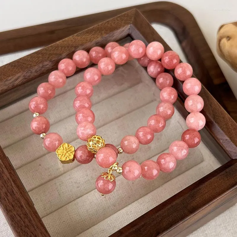 Strand ALLME French Pink Color Natural Stone Crystal Bracelets For Women Glass Flower Hollow Ball Pendant Beaded Bracelet