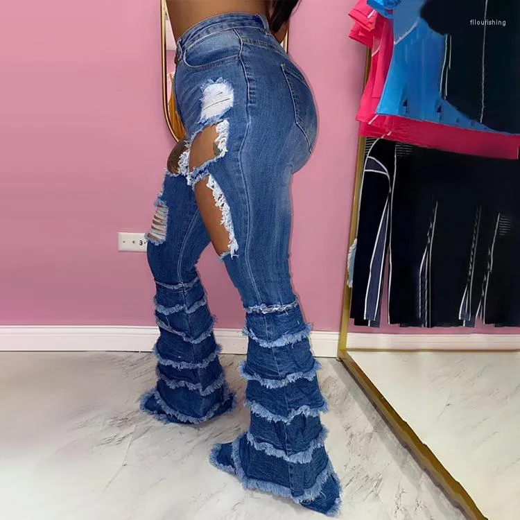 Ripped bell bottom fringe hem denim pants 2025