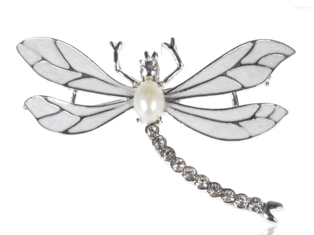 Brooches Womens Silvery Tone Faux Pearl Clear Rhinestones White Dragonfly Brooch Pin