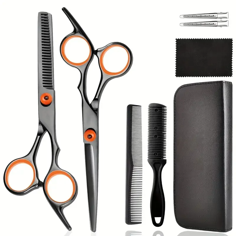 8pcs Kits de tesouras para corte de cabelo, tesouras de cabeleireiro de aço inoxidável, tesouras de desbaste profissionais para barbeiro/salão de beleza/casa/homens/mulheres/crianças//animal de estimação (preto laranja)