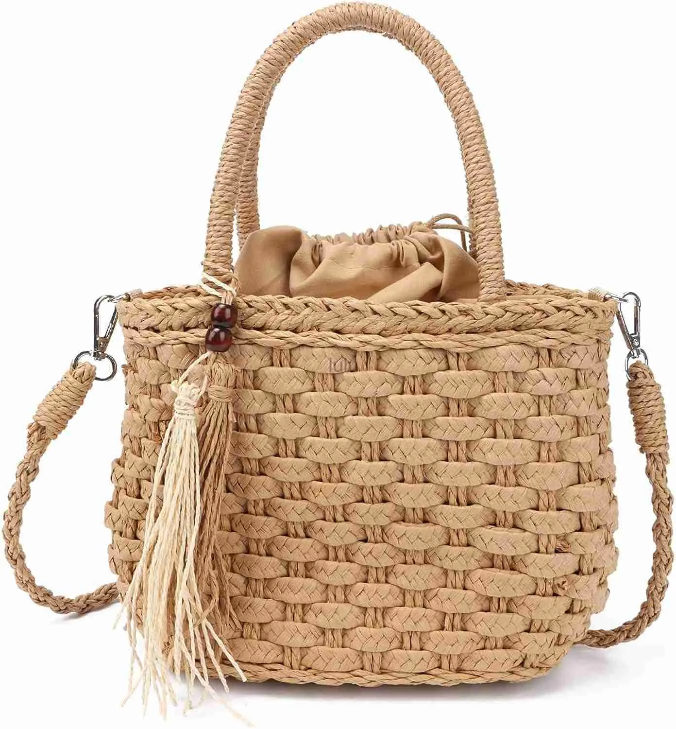 Ynport Straw Handbag Tote for Women Summer Beach Drawstring Rattan Bucket Bag Handmade Hobo Shopping Purse HKD230807