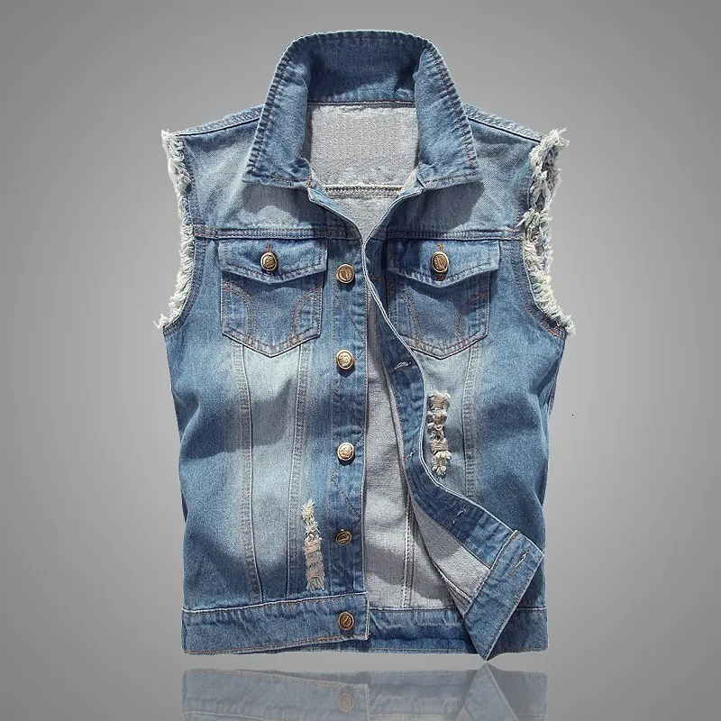 Coletes Masculinos Moda Masculina Desfiado Azul Casual Jaqueta Denim Coletes Estilo Coreano Tendência Masculino Buraco Azul Claro e Azul Escuro Casacos Denim 230804