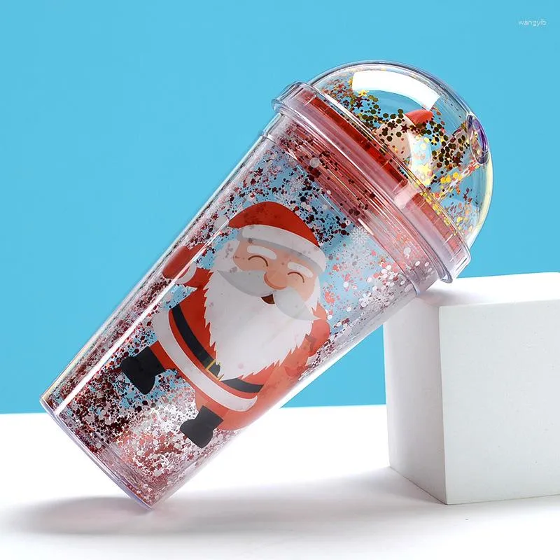 Water Bottles Christmas Gifts Cups Reindeer Xmas Tree Santa Claus Bottle With Straw Double Wall Plastic Ice Cup Teacup Breakfast Mug