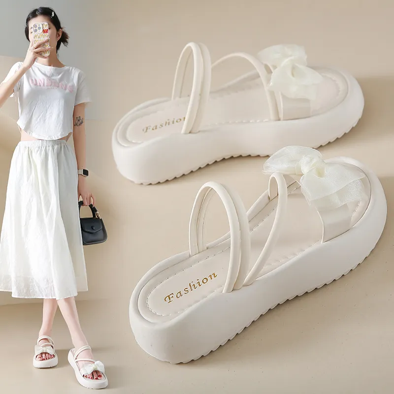 Sandales à talons beiges 2023 chaussures de confort d'été pour femmes sabots Wedge All-Match Med augmentant la hauteur Muffins chaussure plate-forme noire