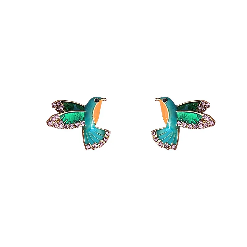 Trendy Women's Stud Earrings Enamel Glaze Hummingbird Ears Studs Flash Diamond Micro Earpiece