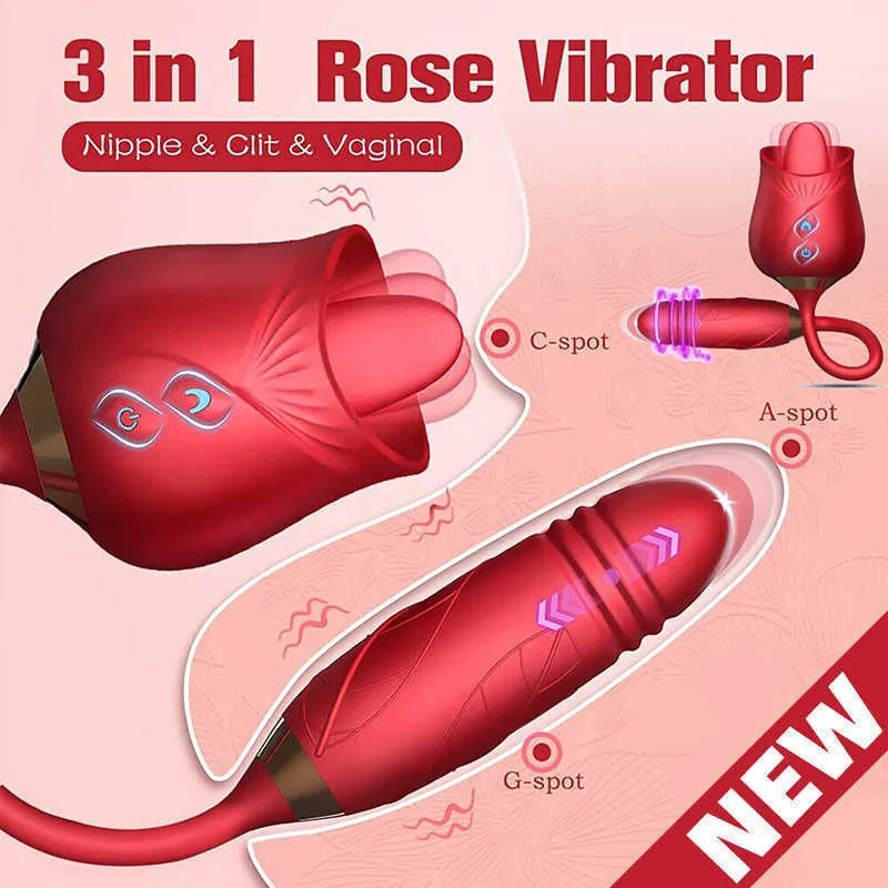 Massager Silicone Rose Dildo Tryckvibrator med klitstimulering Slickande sugande G-Spot-stimulator för kvinnlig vuxen