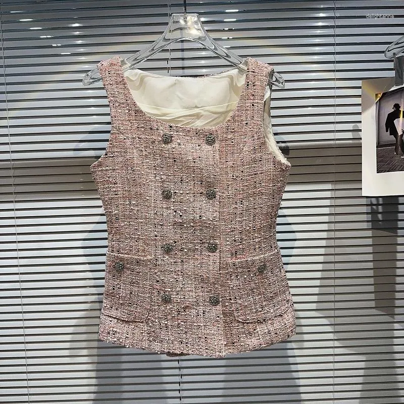 Femmes gilets femmes 2023 automne Double boutonnage col carré rose Tweed Style gilet manteau fille gilet