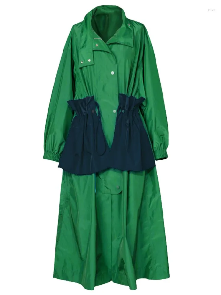 여자 트렌치 코트 스프링 가을 가을 여분의 길고 대형 녹색 코트 큰 주머니를 가진 여성용 드로우 스트링 럭셔리 디자이너 패션