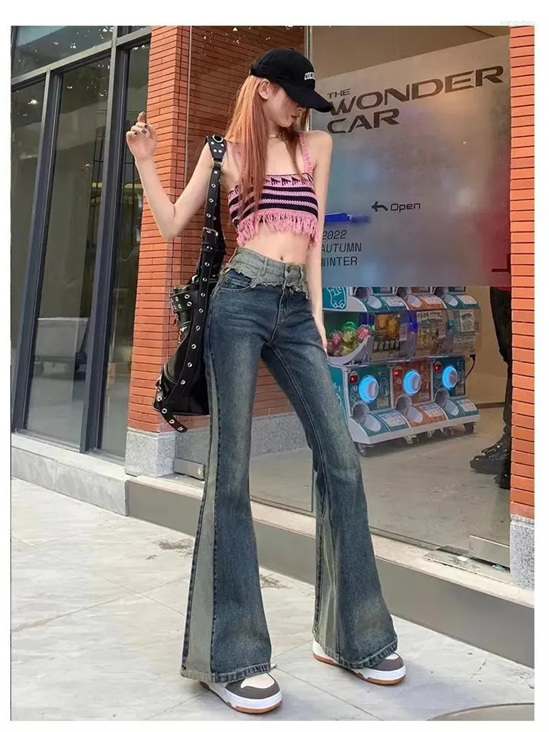 Jeans feminino estilo americano retrô envelhecido combinando com cores levemente largas 2023 verão cintura alta fina calça larga perna larga flare
