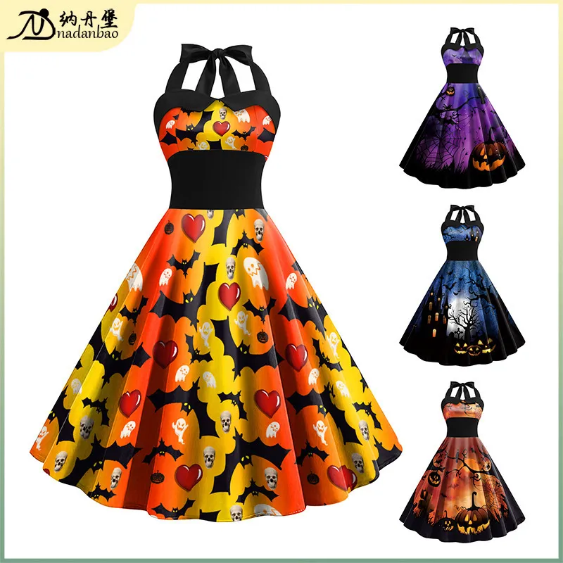 Plus -storlek kvinnor blommor skalle tryck av axel sexig halter klänning retro vintage hepburn stil ny pin up rockabilly vestido t200106