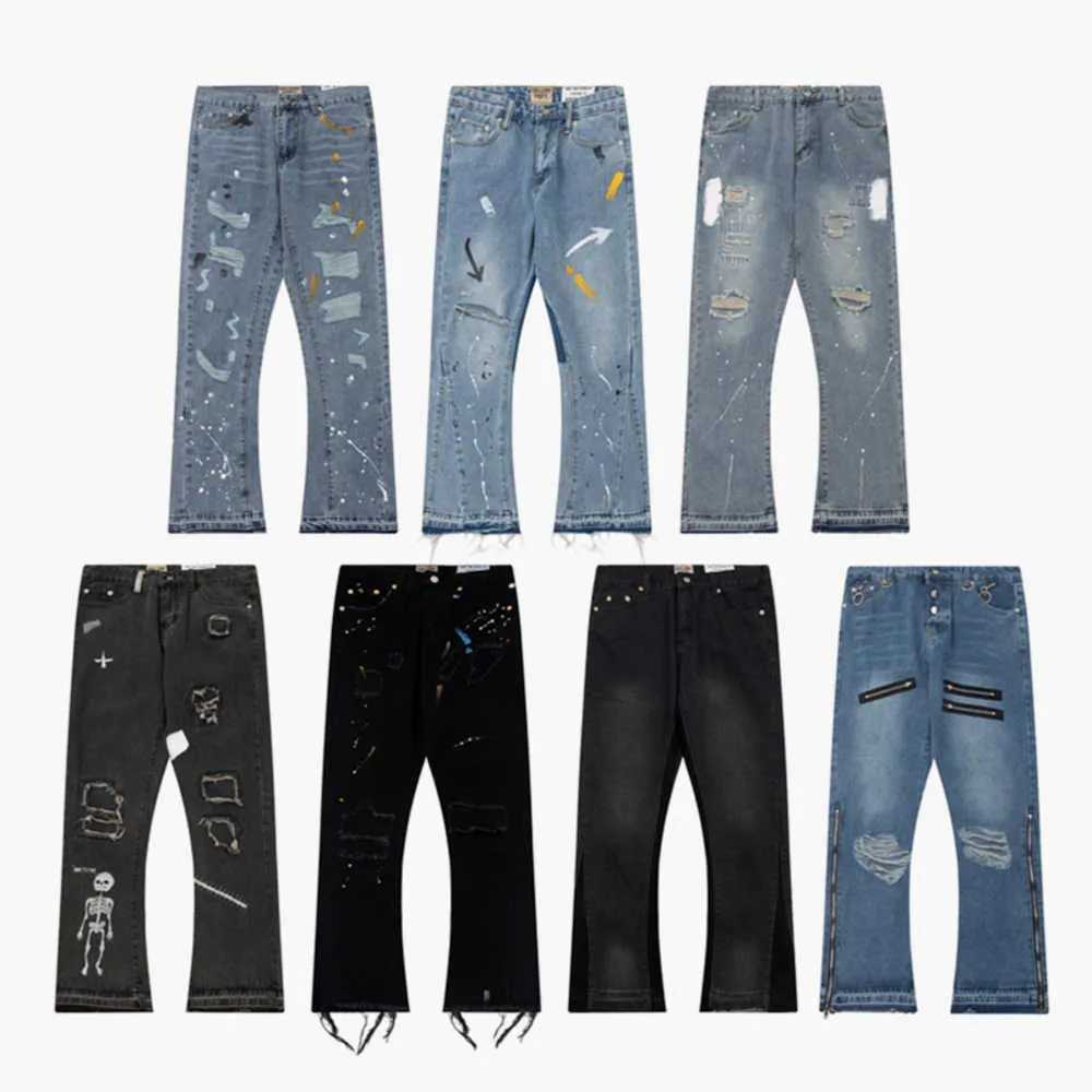 23SS Top Craft Mens Jeans Designer Retro Fashion High Street Broken Holes Jeans Oil Paint Splash Ink Pantsm153