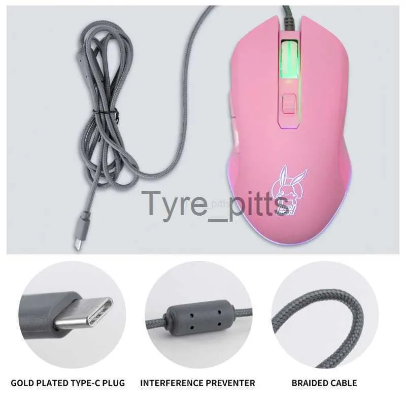Mice Pink Rabbit USB C Mouse with LED Backlight 2400DPI Type C Wired Mouse for MacBook Chromebook Laptop Matebook X Tablet X0807