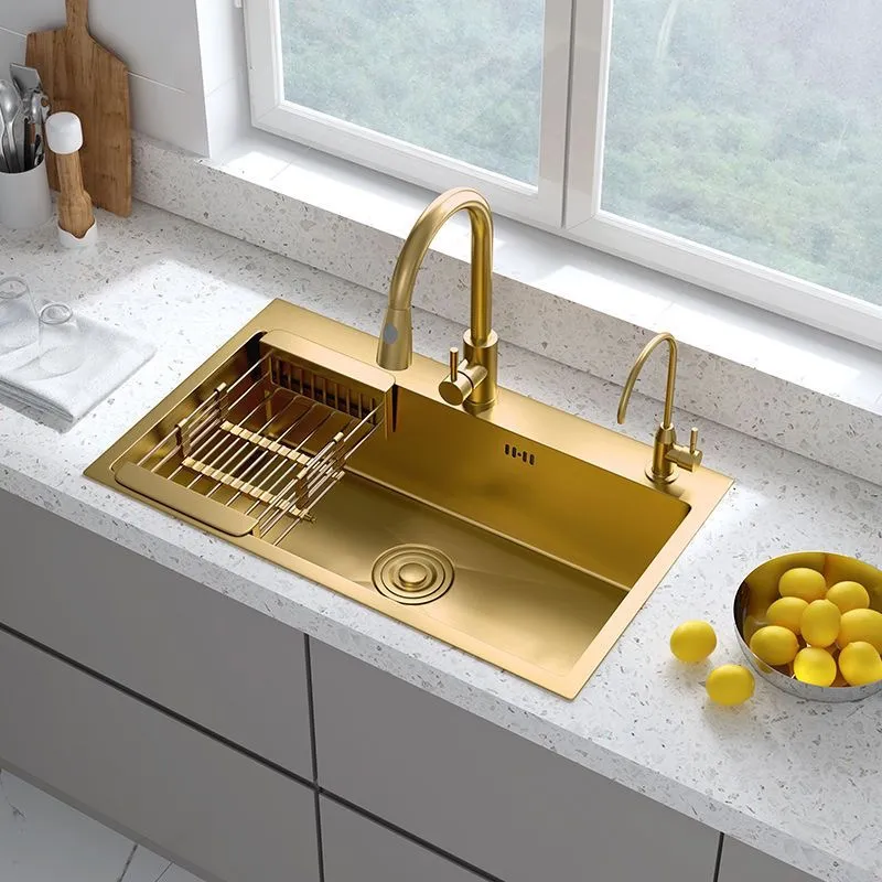 Fregadero de cocina dorado sobre encimera o bajo encimera de acero inoxidable 304, escurridor de cesta individual dorado, dispensador de jabón, lavabo