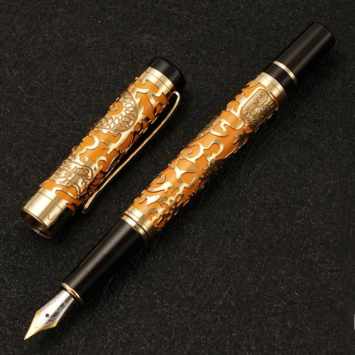 Fountain Pens Vintage Jinhao 5000 Luxury Metal Pen OrangeGold Beautiful Dragon Texture Carving EFFMBent Office Business Gift 230807