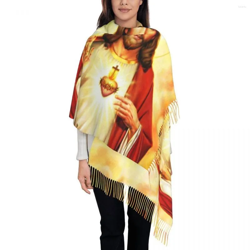 Scarves Lady Long Warm Heart Of Jesus Women Winter Fall Thick Tassel Shawl Wrap Religious Christian Divine Mercy Scarf