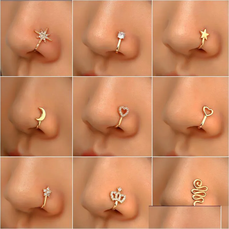 Nose Rings Studs 16 Styles Small Copper Fake For Women Non Piercing Gold Plated Clip On Cuff Stud Girls Fashion Party Jewelry Drop D Dhf0M