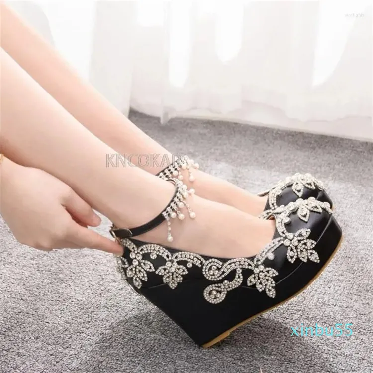 Dress Shoes Women Wedge High Heels Luxury Tassels Rhinestone Ankle Straps Bridal Wedding Platform Evening Party Pumps