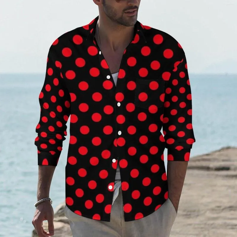 Men's Casual Shirts Red Polka Dot Mens Vintage Spots Print Shirt Long Sleeve Retro Street Blouses Autumn Custom Top Big Size 3XL 4XL