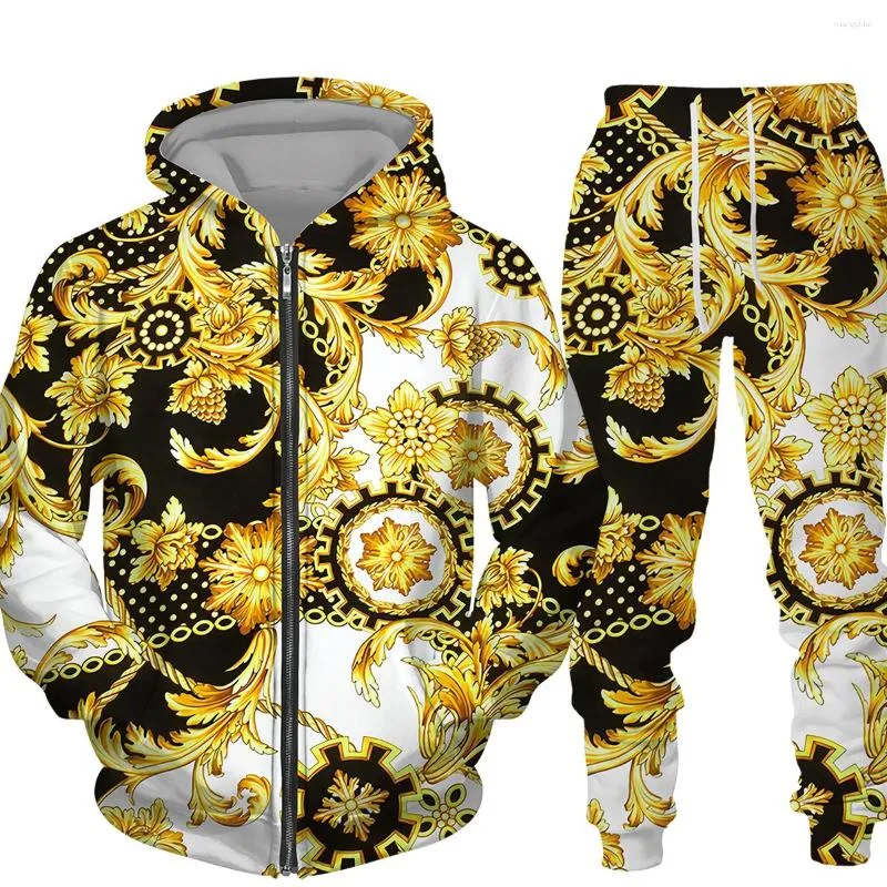 Men s Luxury Golden Chain Pattern Zip Up Hoodie Polyester Baroque Style Sweatshirt Casual High End Plus Size