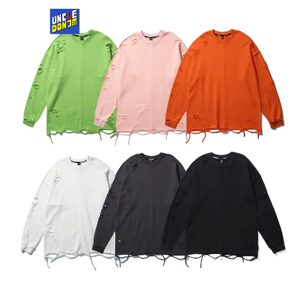 Erkek Hoodies Sweatshirts Erkek Sweatshirts Saf Renk Basit Yırtılmış Sweatshirt Erkekler Yüksek Sokak Moda Çift Giysileri 230807