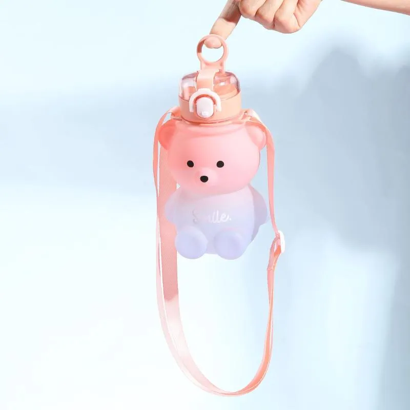 Garrafas de água 1 litro garrafa para crianças tumbler com caneca de palha copo urso kawaii verão esporte ao ar livre plástico meninas escola bonito beber