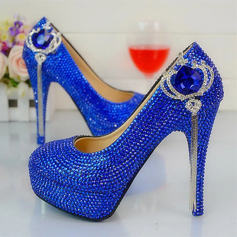 Handmade Fashion Royal Blue Rhinestone Wedding Shoes Round Toe Slip-on High Heel Stilettos Prom Party Pumps Plus Size 44 45257g