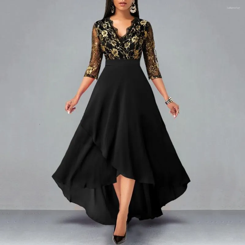 Casual Dresses Lady Party Dress V Neck Lace Three Quarter Sleeves Irregular Loose Hem A-line Flower Embroidery High Waist Elegant Maxi